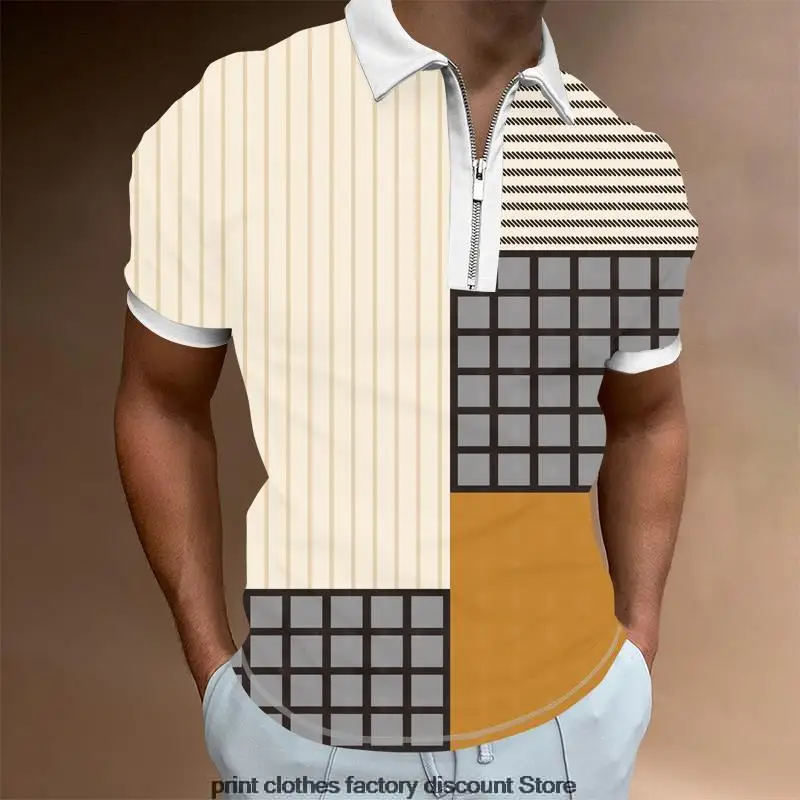 

Летняя мужская одежда, рубашки-поло, Повседневная футболка с отложным воротником, на молнии, с принтом в полоску, с короткими рукавами, Мужск...