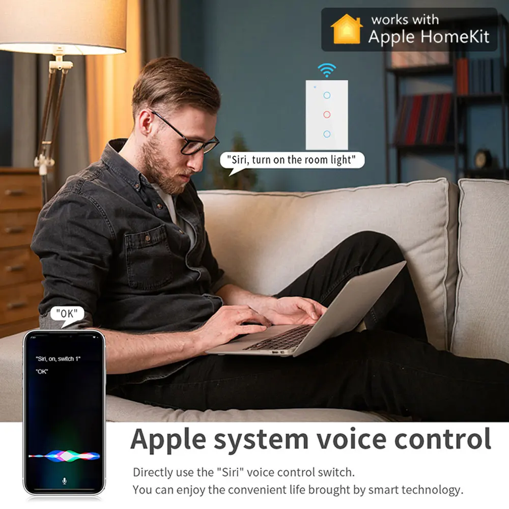 Фото Умный выключатель BONDA Homekit без нейтрали, Wi-Fi, сенсорный, для ЕС/США, голосовое управление Google Home, Alexa, Siri, 220В/110В №2