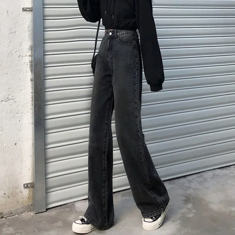 Черно-серые джинсы с завышенной талией женские осенне-зимние прямые свободные