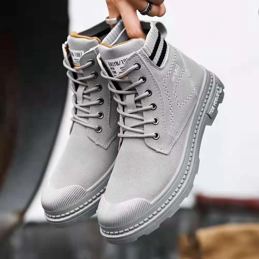 

Men Winter Boots High Top Breathable Shoes Working In Autumn British Black Fashion PU Low Solid Color New