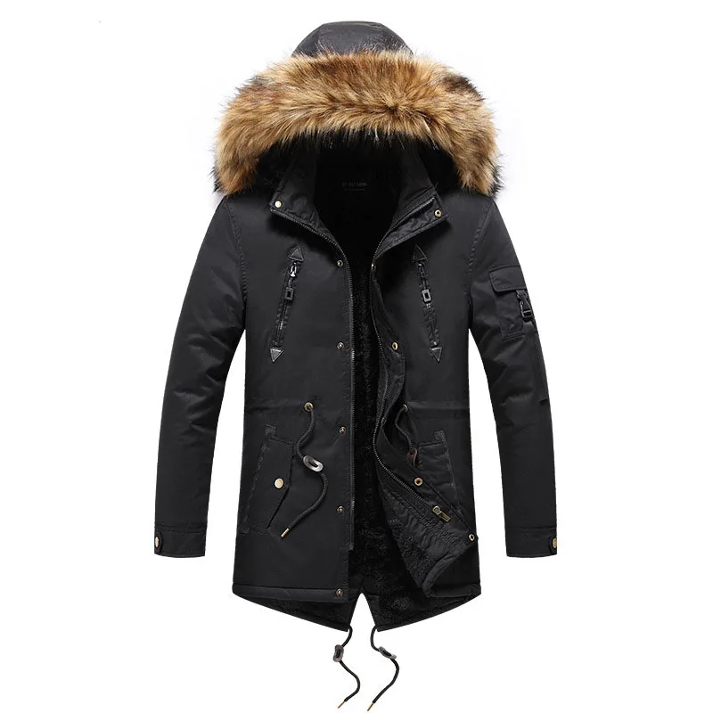 Men's Hooded Parka Jackets Winter new Thicken Fleece Windbreaker Coats Solid Male Fur Collar Outdoor Cotton Overcoat Asian Size