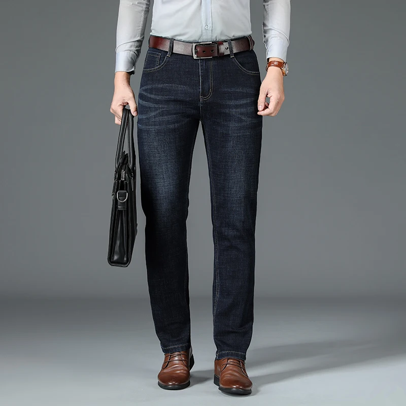Four Seasons New Men's Anti-Theft Button Jeans Business Fashion Loose Straight Casual Denim Trousers Male Brand Stretch Pants