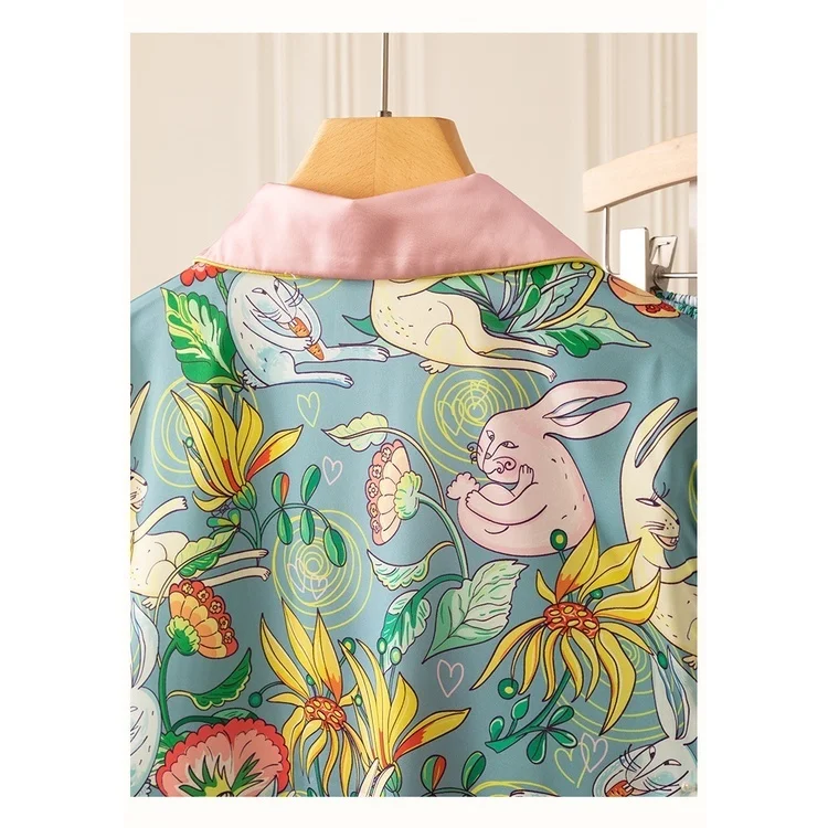 Lisacmvpnel Printed Fashion Pajamas For Girls Ice Silk Sexy Long Sleeve Suit Lapel Pajama Set Can Be Worn Outsiede Sleepwear