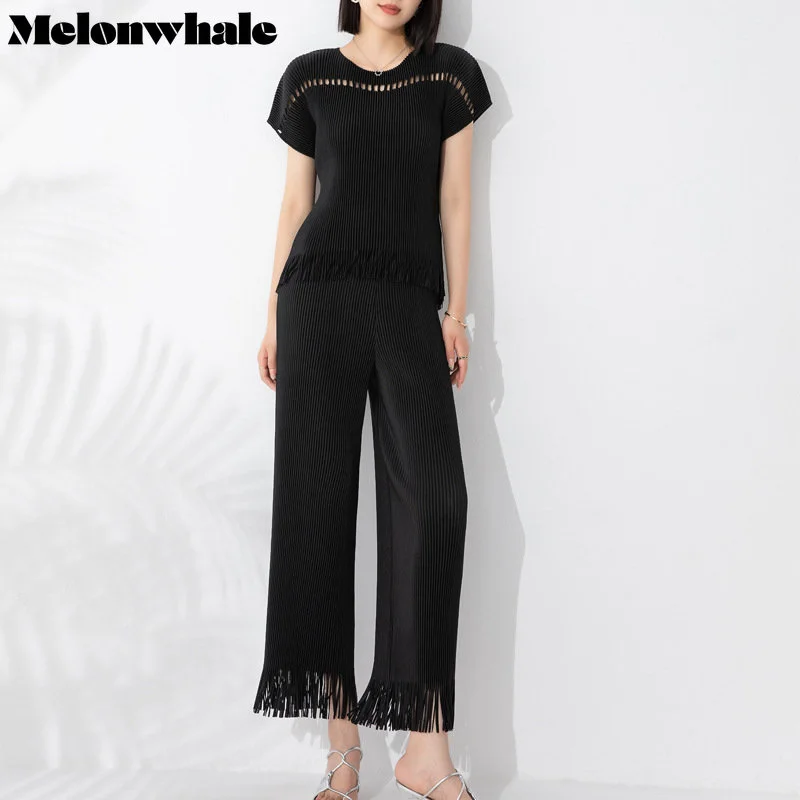 

MelonWhale Tassels Solid Pleated 2 Pieces Set Round Neck Short Sleeve Top High Elastic Waist Straight Wide Leg Trousers 2023 New