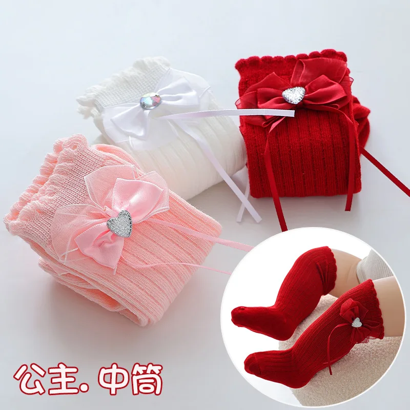 

2022 Baby Summer Clothing New Kids Toddlers Girls Big Bow Knee High Long Soft Cotton Lace Baby Socks Bowknot Christmas Socks