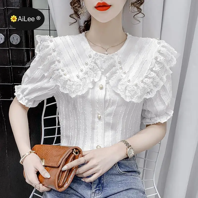 

Sweet Women Beading Blouses Pearl Buttons Single Breasted Lace Female Tops Short Sleeve Ladies Peter Pan Collar Flounce Shirts