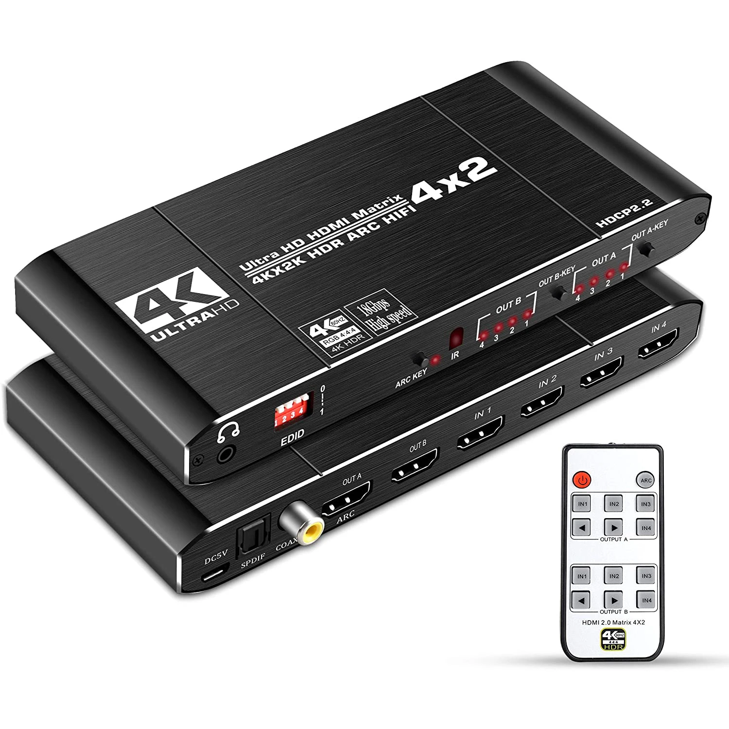 

4K 60Hz 4x2 HDMI Matrix Switch 18.5 Gbps HDMI-compatible Switch Splitter with L/R 3.5mm HDR and SPDIF 4x2 Support HDCP 2.2 3D