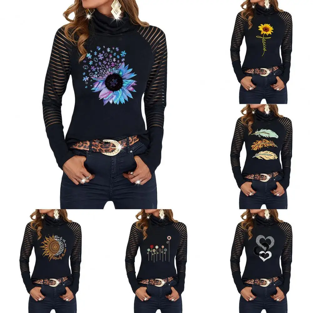 

Women Blouse Fitted Basic Top Colorful Flower Pattern Bottoming Blouse