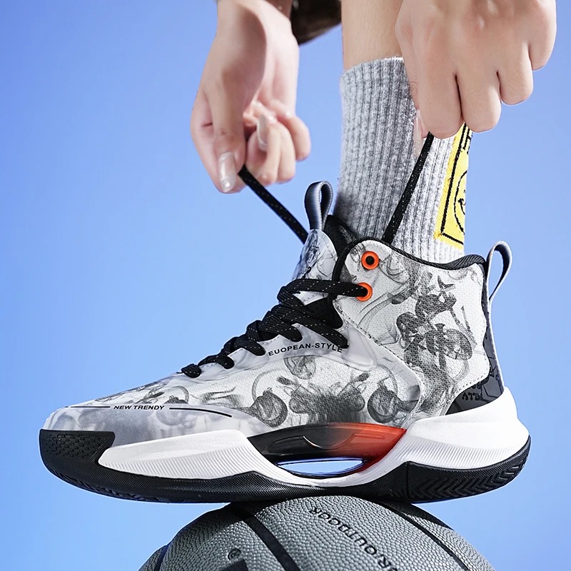 QQ-22701 Basketball Shoes for Men Lace-Up High Top Sneakers Mens Retro Basketball Shoes Breathable Trend Men Sneakers