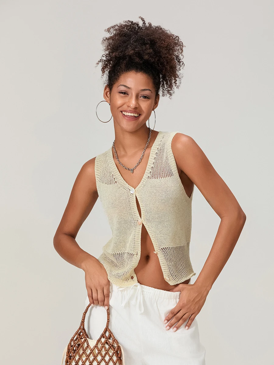 Women s Knitted Tank Tops Hollow Eyelet Sleeveless V-Neck Single-Breasted Open-Stitch Sweaters Cardigan