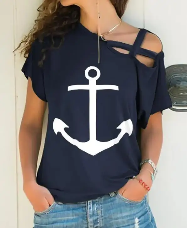 

Baggy T-Shirts X-Strap Cold Shoulder Boat Anchor Print T-Shirt Woman Short Sleeve T-Shirt 2022 Summer New Fashion Casual