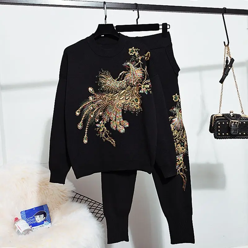 New Spring Autumn Women Knitting Suits Beads Embroidered Phoenix Pullover Sweater Top + Casual Harem Pants Sport Two-piece Set