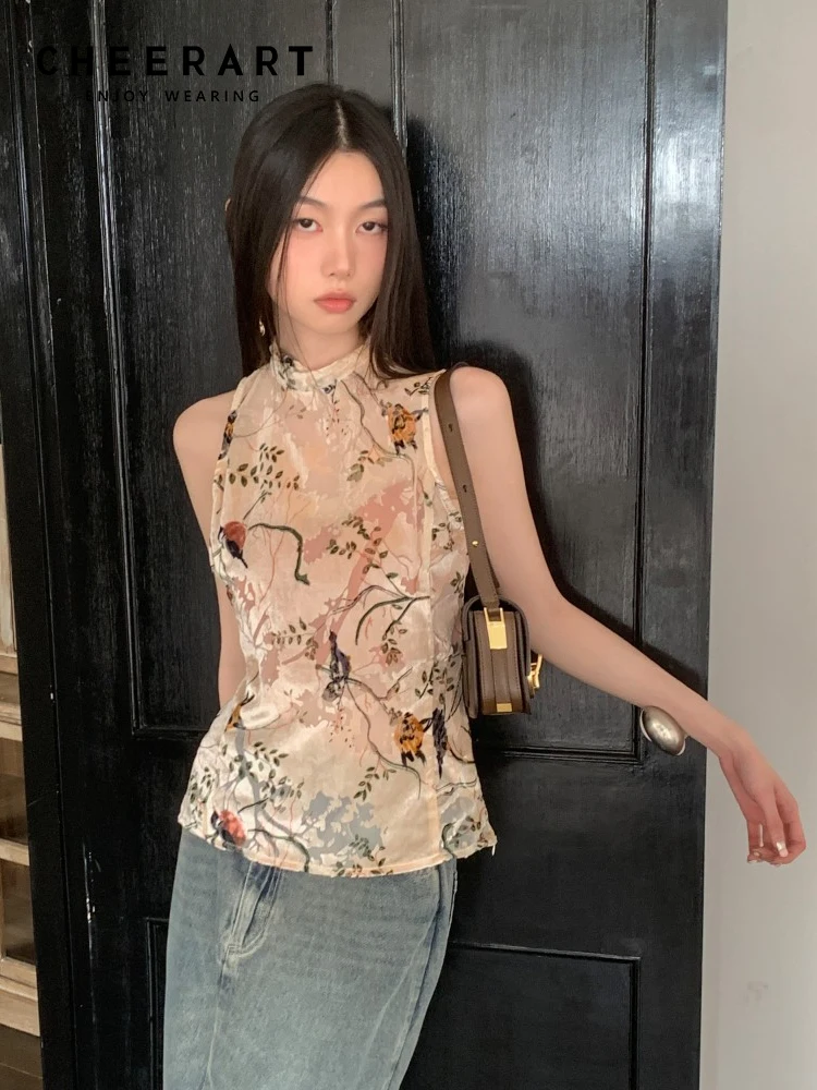 

CHEERART Vintage Flocking Floral Bird Sleeveless Blouse Women 2023 Summer Top Designer Beige Ladies Chinese Blouse Clothing