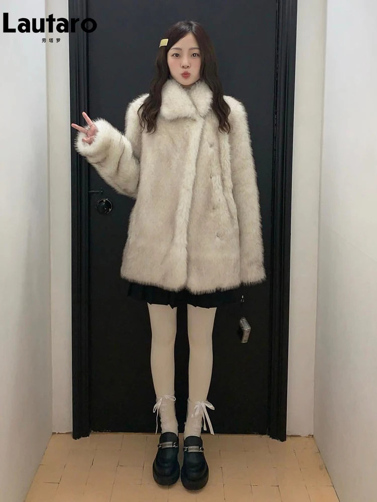 

Lautaro Winter Short Loose Colorful Soft Thick Warm Faux Fur Coat Women Long Sleeve Double Breasted Luxury Fluffy Jacket 2023