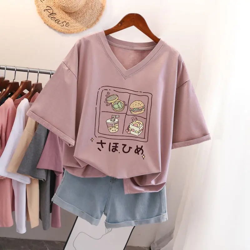 

DAYIFUN American Plus Size V-neck T-shirt Fashion Women Blouses 2022 Short-sleeve Summer Casual Oversized Top Loose Graphic Tee
