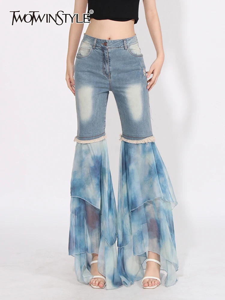 

Женские шифоновые джинсы TWOTWINSTYLE, повседневные джинсы составного кроя с высокой талией и карманами