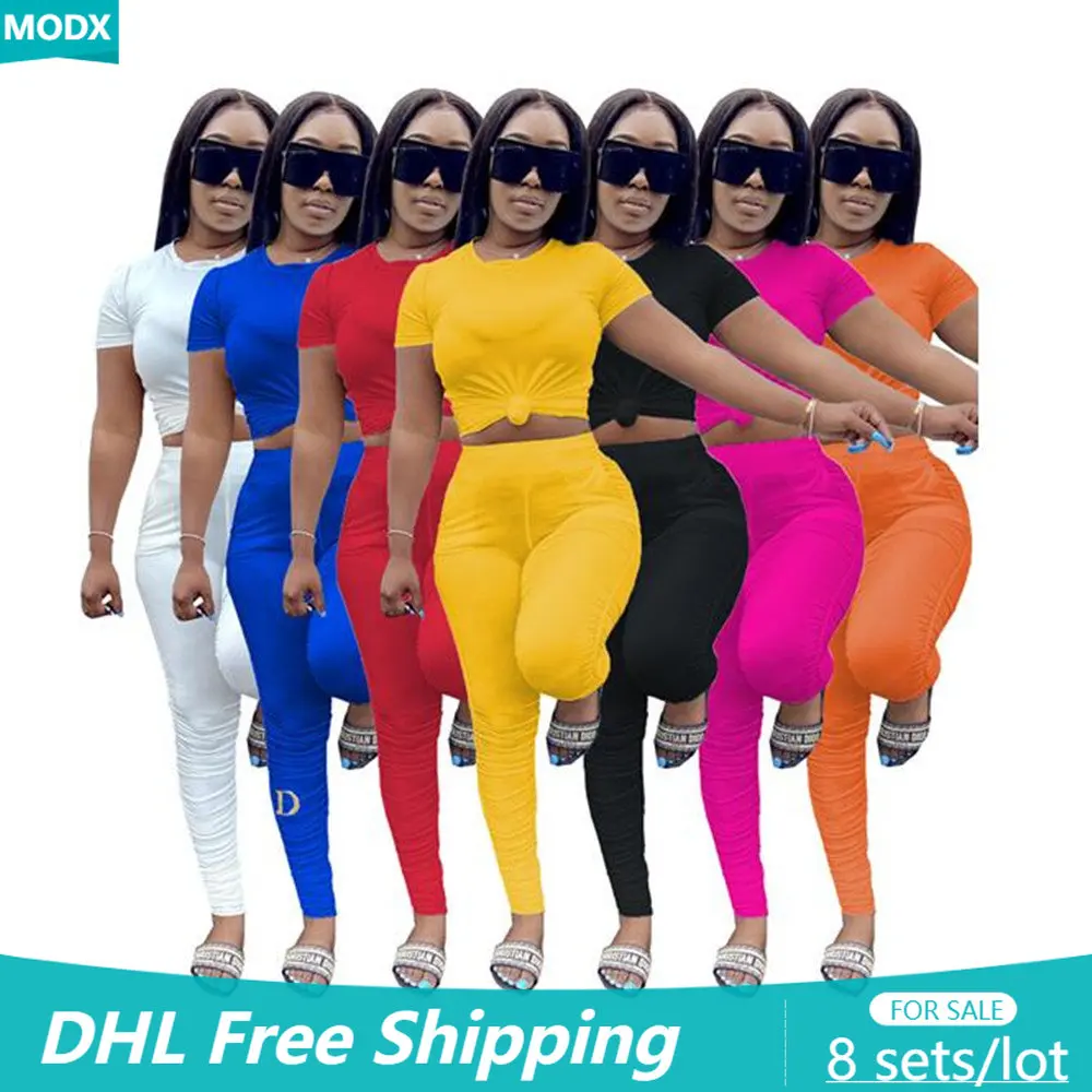

Wholesale Bulk Women Tracksuit Casual Solid Short Sleeve 2 Piece Set Sexy Folds Lady Outfit Slim Sport Suit T-shirt + Pants 8394