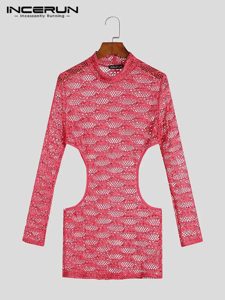 INCERUN Comfortable Homewear New Men's See-through Mesh Bodysuit Sexy Casual Style Male Cutout Waist Long Sleeve Jumpsuits S-5XL