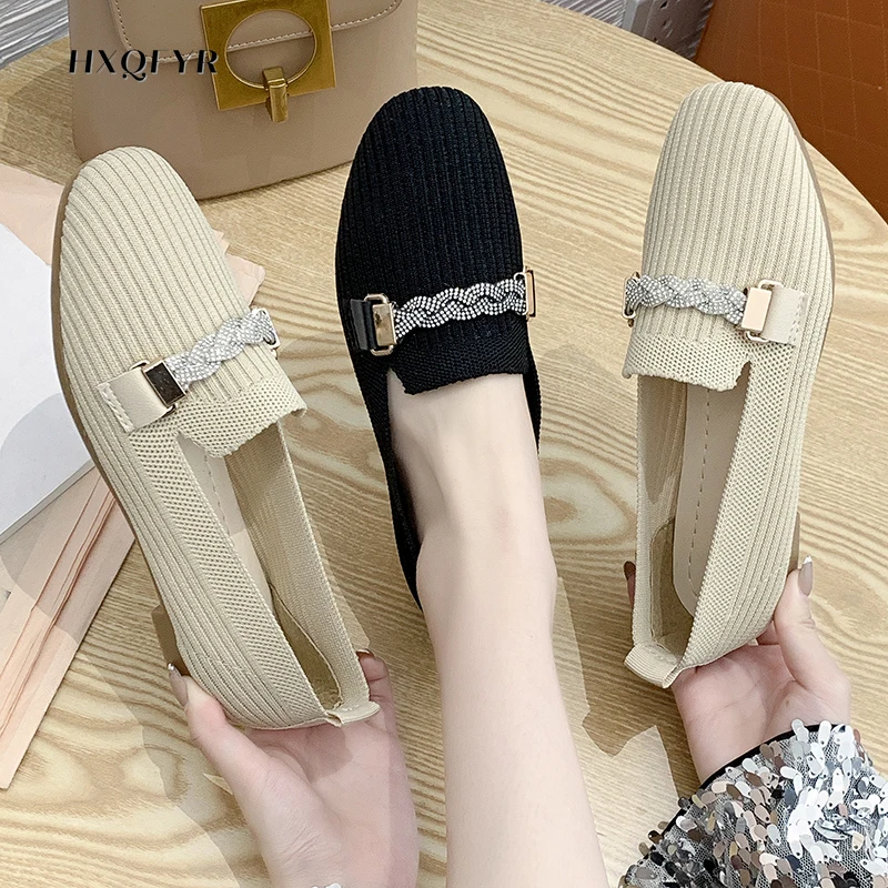 

Женские туфли на плоской подошве, балетки с квадратным носком, дышащие вязаные Мокасины, лоферы, весна 2022