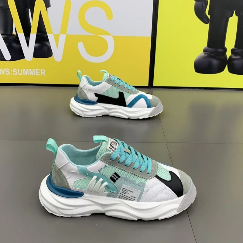 

New Fashion colour blocking Casual Sneakers Shallow Mouth Lace Up Round Toe Shoes mesh dad shoes men's Single Shoes