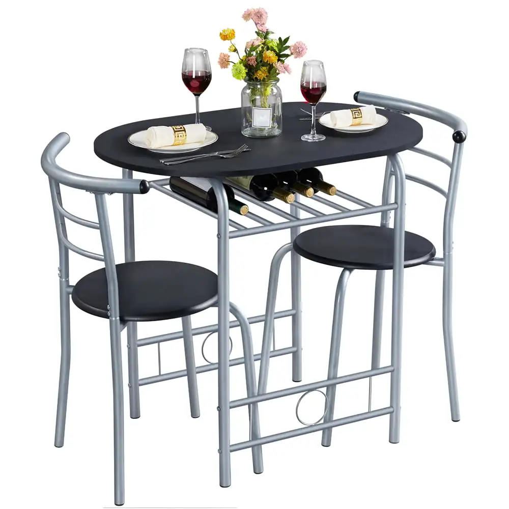 

3pcs Modern Dining Set with 1 Round Table 2 Chairs for Home, Black
