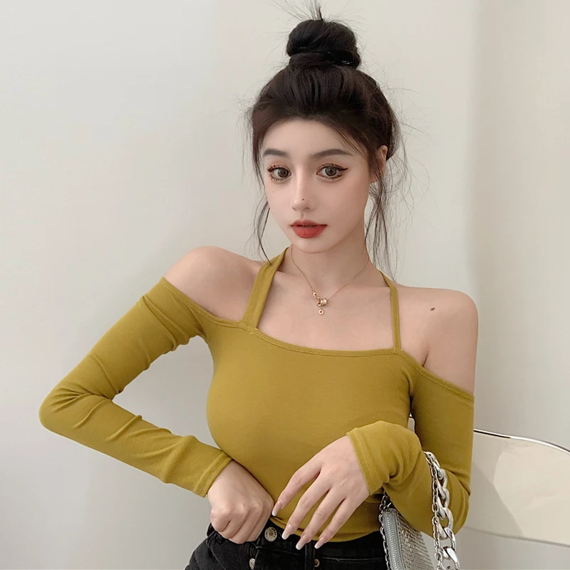 Harajuku Women Fashion Y2k Lovely Tops Off Shoulder Clothing Streetwear T Shirts Party Ropa De Mujer Long Sleeve Yellow Tees