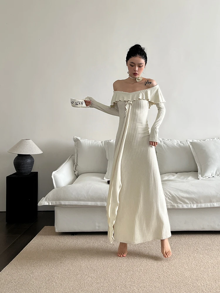 Женское трикотажное платье макси REDDACHiC с открытыми плечами и длинными рукавами