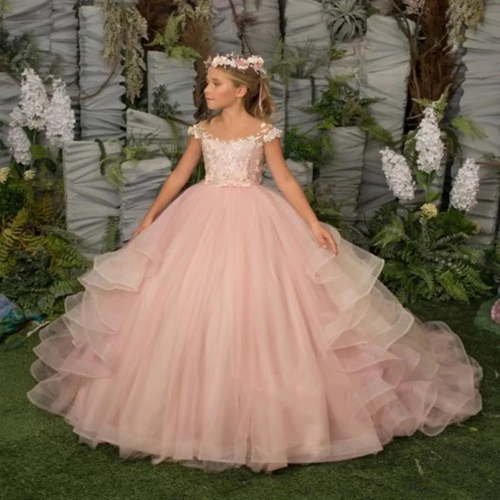 

Розовое платье принцессы для девочек, кружевные пышные платья с цветами для девочек, милое платье для дня рождения для девочек, платье для свадебной вечеринки, детское платье
