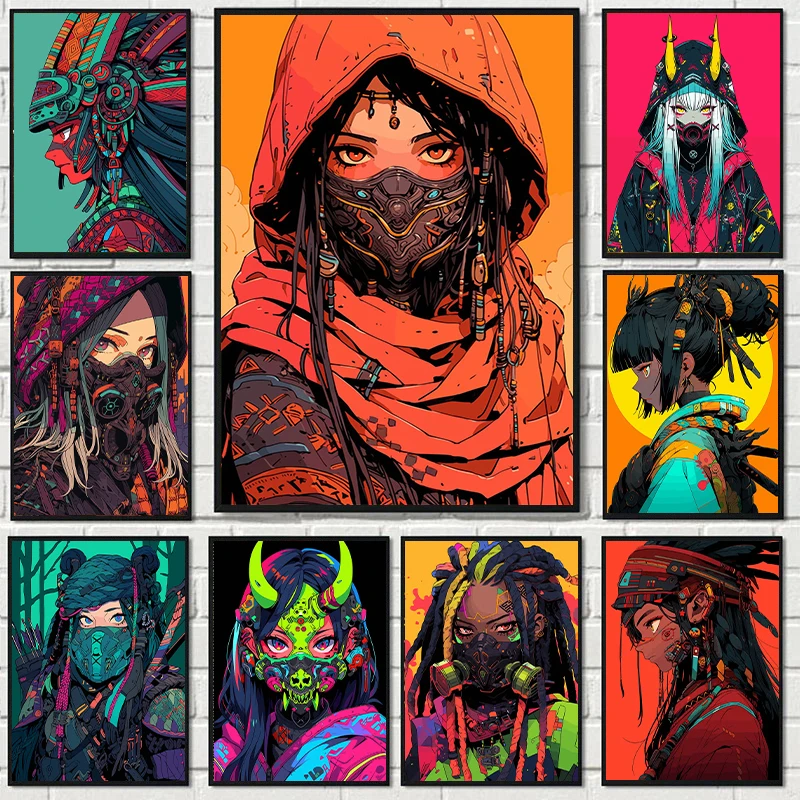 Киберпанк-ниндзя ацтекская девушка портрет многоцветный плакат Самурай будущее