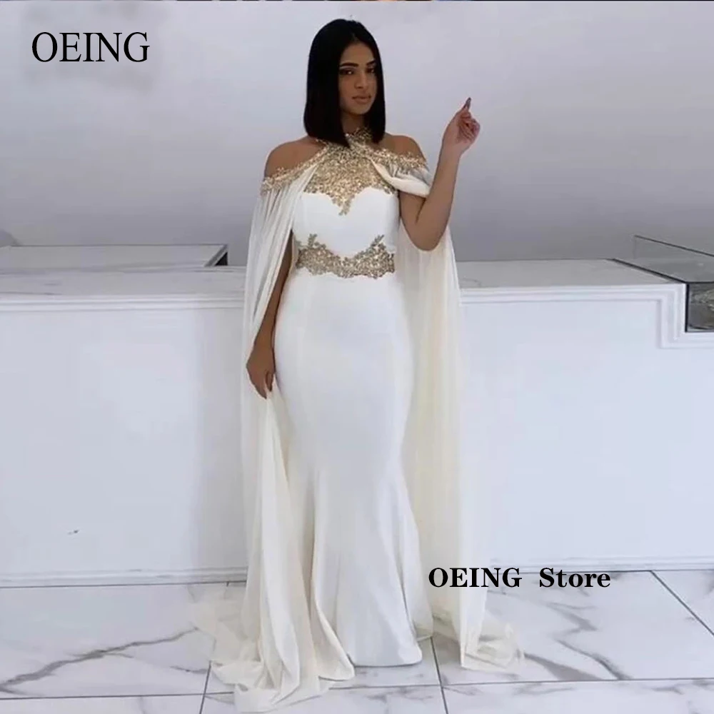 

OEING White Stretch Satin Mermaid Evening Dresses African Women Hater Gold Applique Belt Cape Long Formal Party Prom Gowns