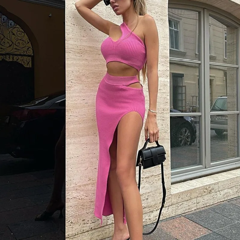 

Female Dress Sets 2023 Autumn Solid Threaded Single Shoulder Vest +side Slit Skirt Set for Women Slim Hollow Out Two-piece Set