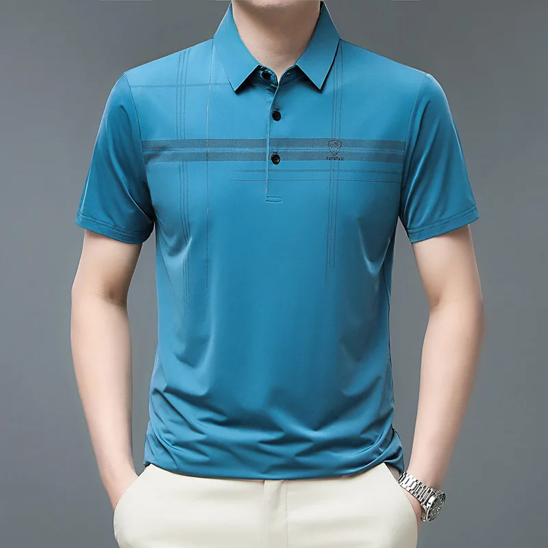 2023 Summer New Men's Lapel Short-sleeved T-shirt Horizontal Stripe Printed POLO Shirt Thin Casual T-shirt