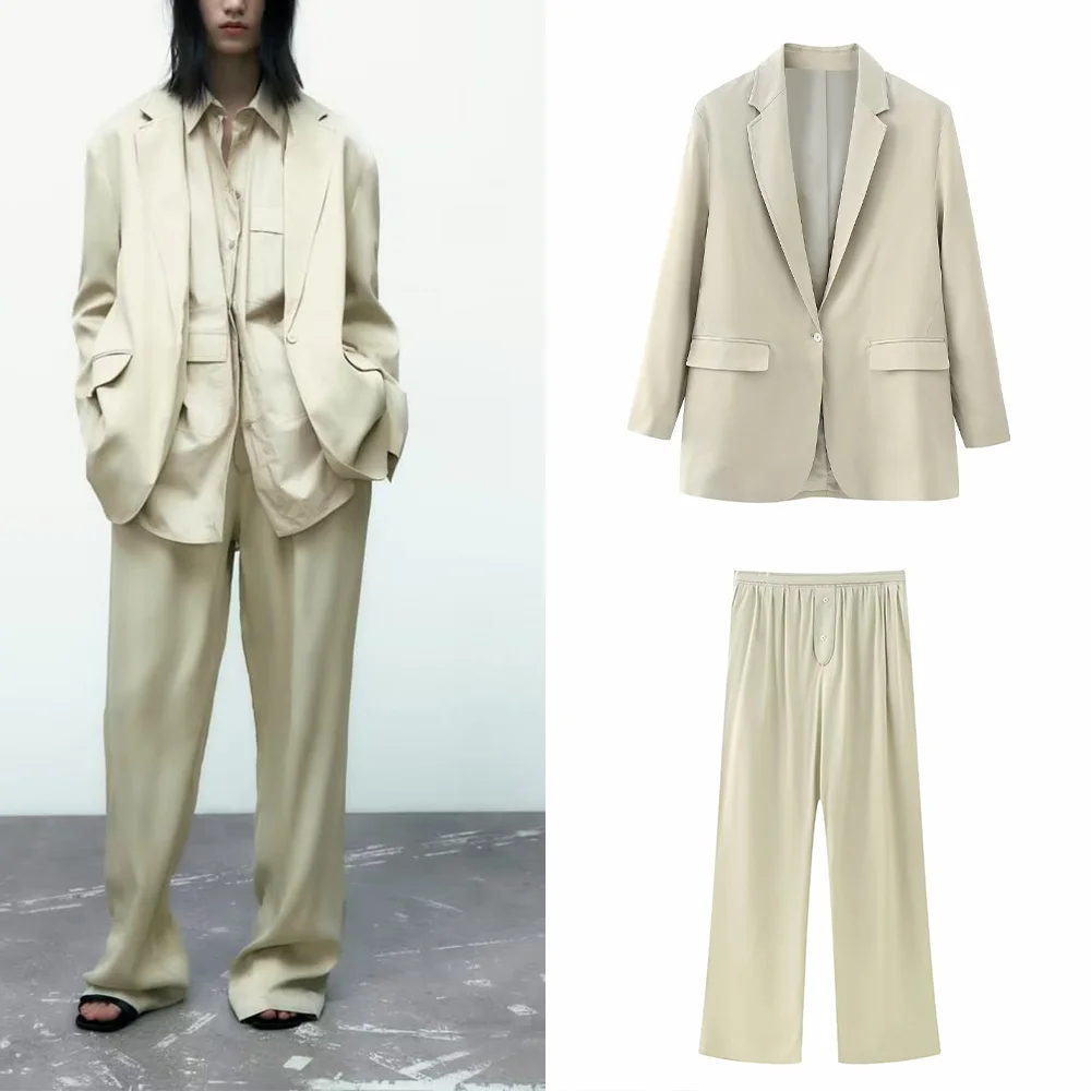 

PB&ZA Spring New Women's Temperament Suit Fashion Satin Texture Blazer + Satin Texture Pajama Style Pants 2010734