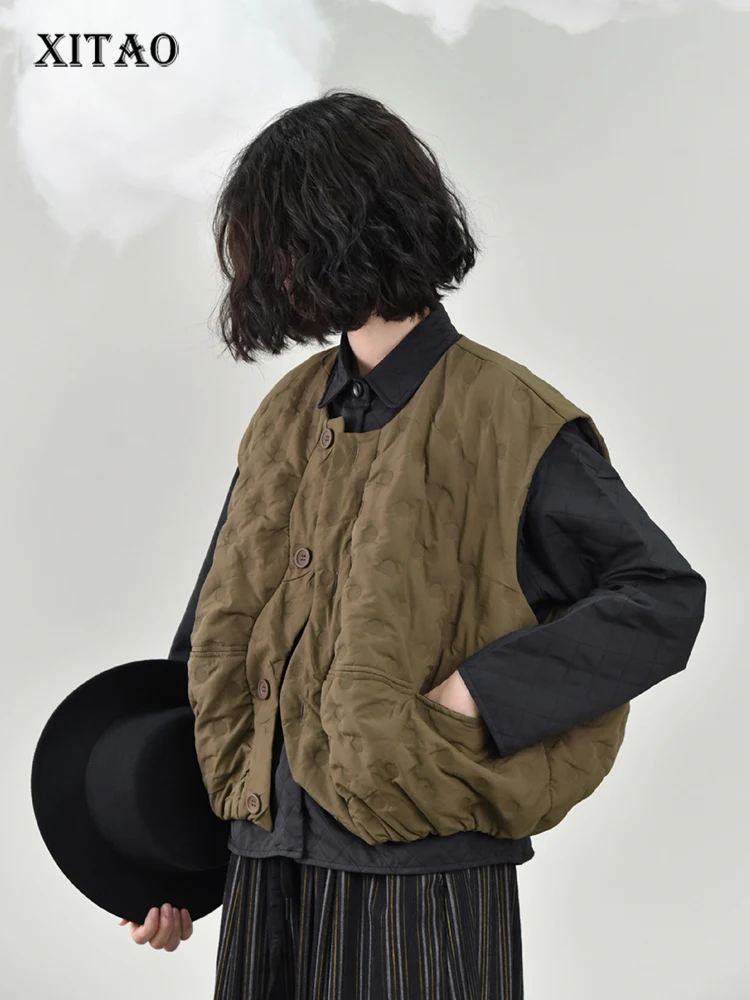 

XITAO, однотонный Свободный жилет, простой воротник с круглым вырезом, Женское пальто без рукавов, Повседневная зимняя новинка, однобортный То...