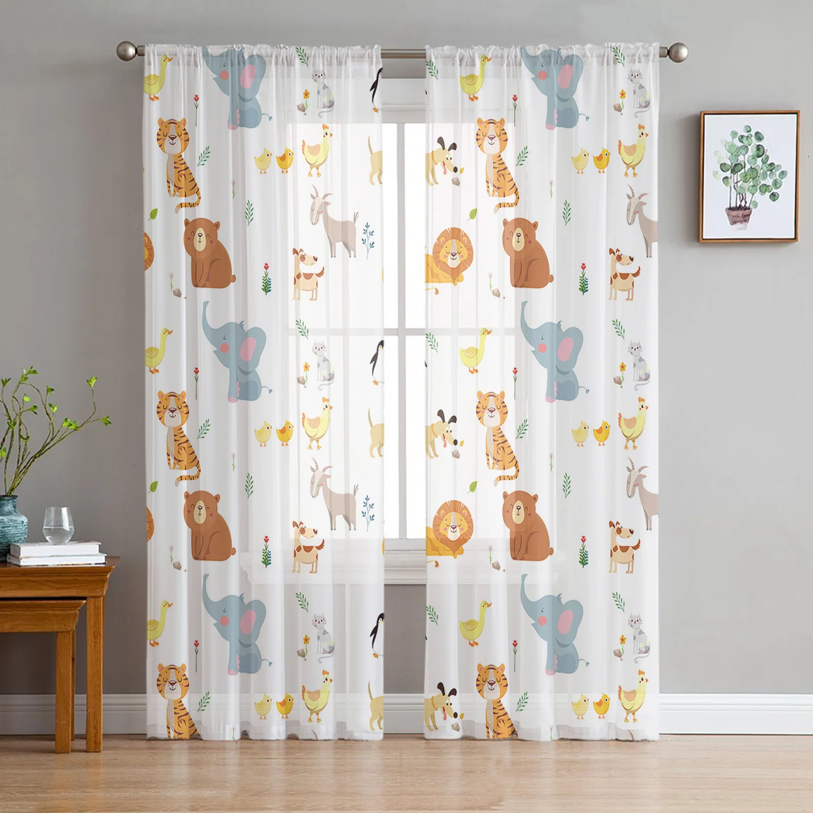 

Cartoon Animal Tiger Elephant Penguin Sheer Curtains for Living Room Bedroom Tulle Curtain for Kitchen Home Decor Window Drapes