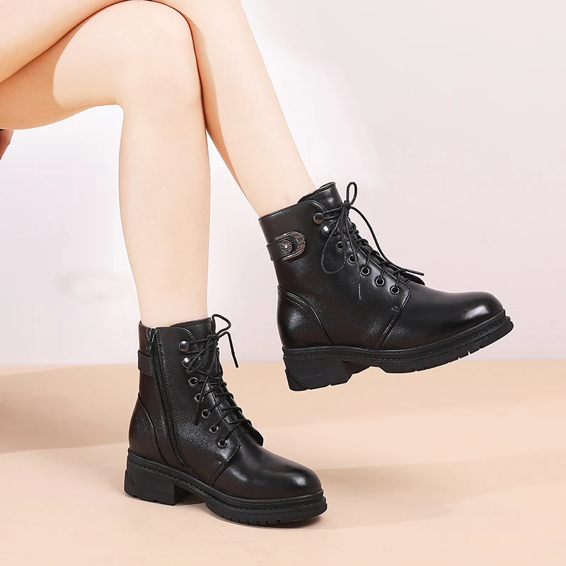 AIYUQI Women Winter Boots Natural Wool Genuine Leather Short Boots Women Platform Large Size 41 42 43 Women Motorcycle Boots