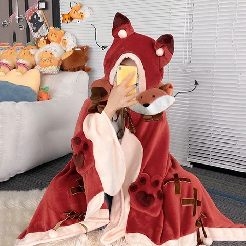 Одеяло с рисунком Красной лисы, костюм для ролевых игр, осенне-зимняя фланелевая шаль с капюшоном, шаль, Коралловое флисовое ворсовое одеяло, одежда для Хэллоуина