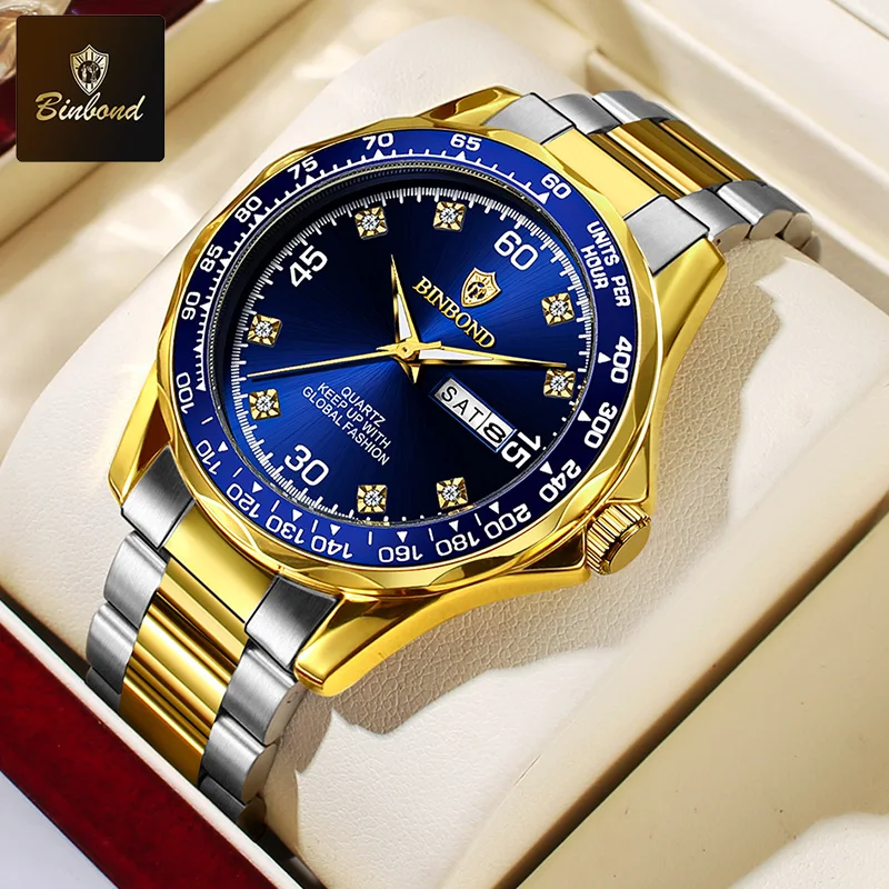 BINBOND мужские кварцевые часы водонепроницаемые с датой недели светящейся