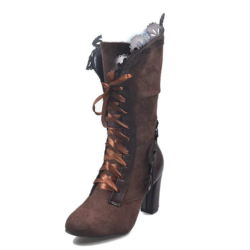 High Heel Boots Women Steampunk Women Sexy Leather Suede Boots Autumn Vintage Winter Shoes Women Lace Up Cosplay Boots HVT37389
