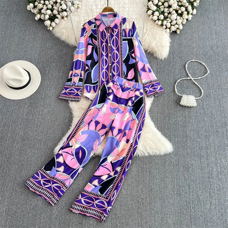 

Autumn Fashion Casual Vintage Print Women Two Pieces Set Lapel Long Sleeve Ladies Shirt Jacket High Waist Wide Leg Trousers Sets