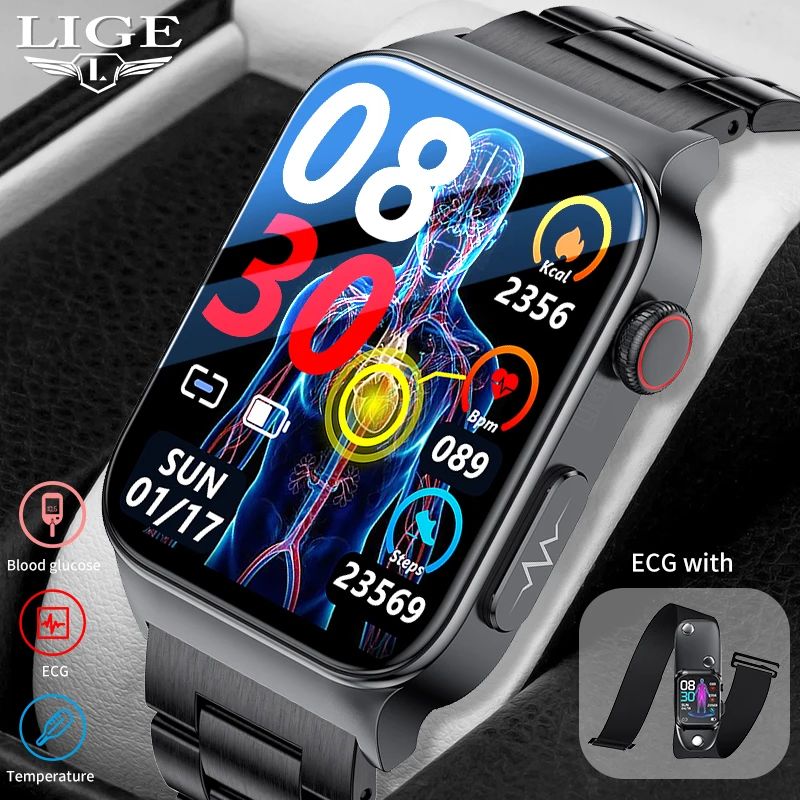 

LIGE ECG+PPG Smart Watch Men Sangao Laser Health Heart Rate Blood Glucose Blood Pressure Watches Fitness Waterproof Smartwatch