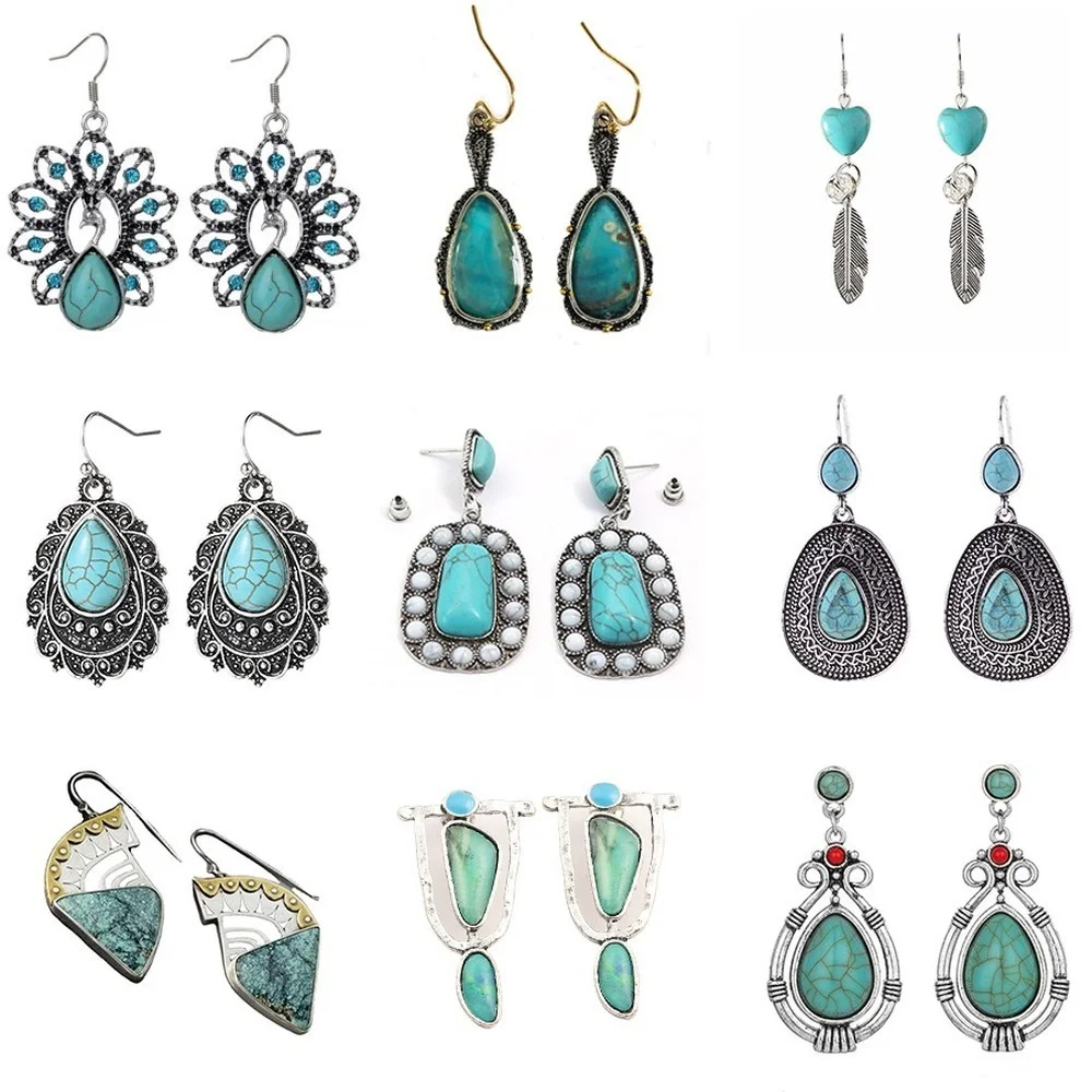 

Bohemian Natural Green Blue Stone Earrings for Women Fashion Vintage Dangle Jewelry New Ethnic Style Accessories Gift