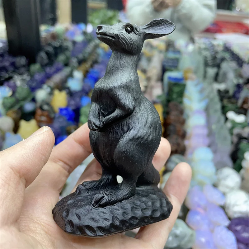 

Натуральная черная Обсидиановая резьба в форме кенгуру изысканное украшение для офиса кабинета украшение для дома