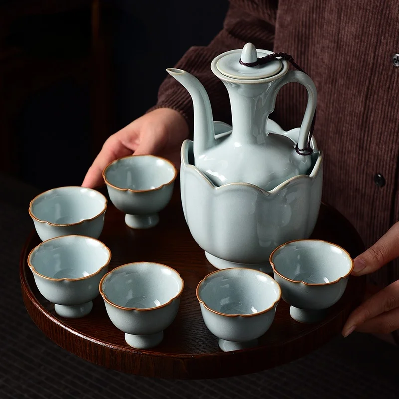 

Chinese liquor glass set household spirit glass wine set ceramic jug Qingru kiln wine glass warm jug