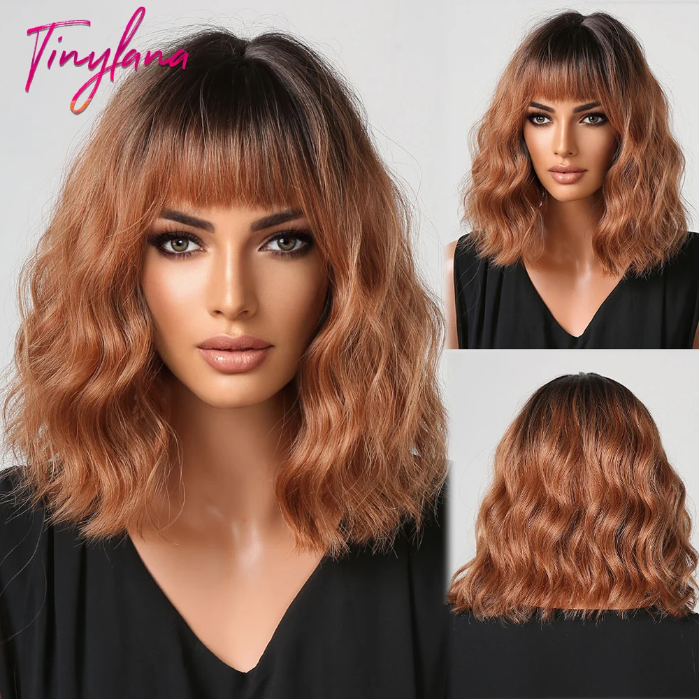 

Brown Ginger Copper Short Wavy Bob Synthetic Wigs with Bangs Dark Roots for Black Women Natural Cosplay Heat Resistant Hair