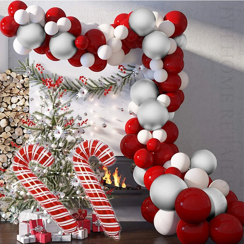 

85pcs 2022 New Year Party Decoration Red White Silver Balloons Garland Arch Kit Candy Cane Balloon Globos For Christmas Navidad