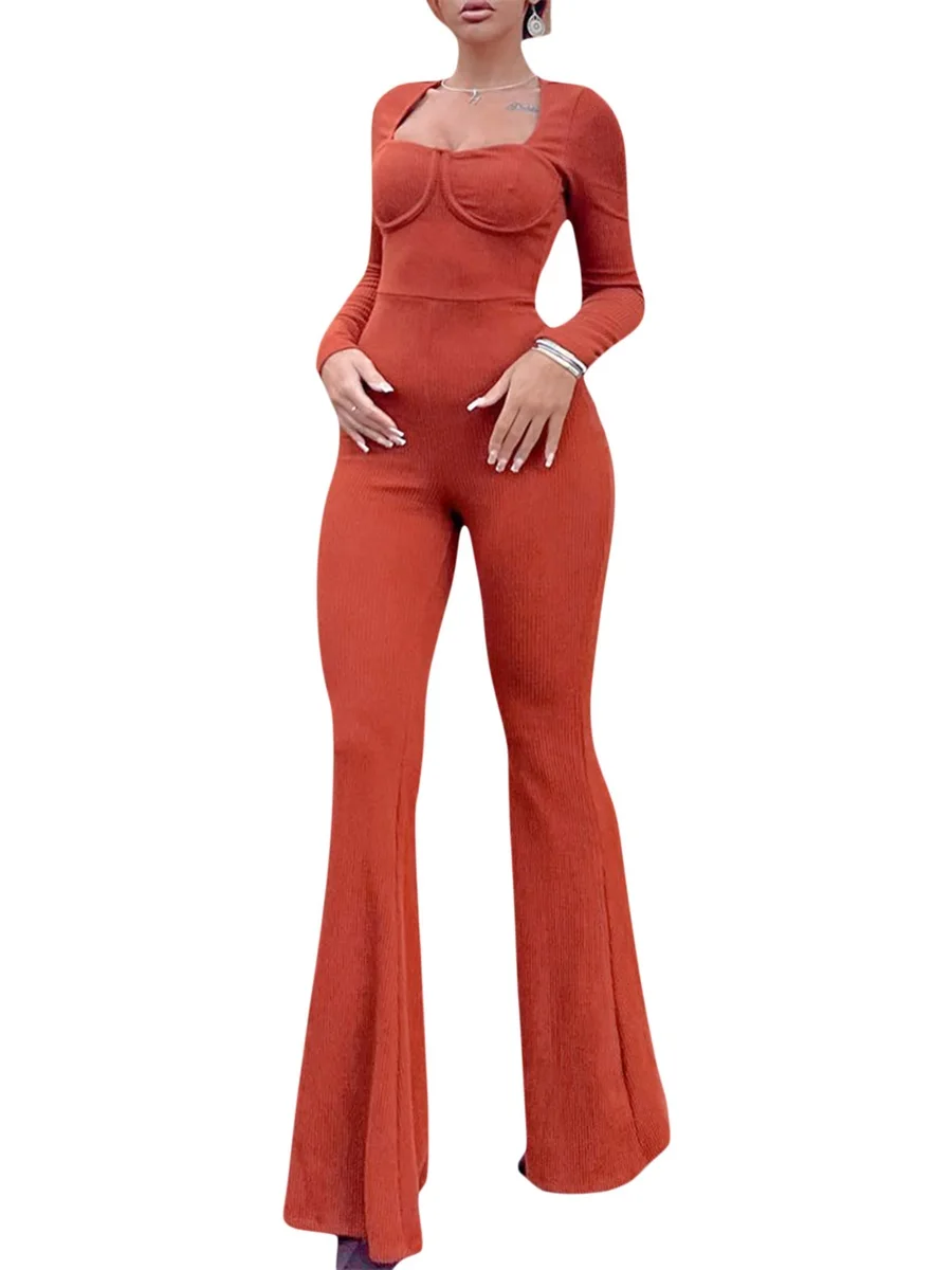 

Women Wide Leg Bodycon Jumpsuits Dressy Long Sleeve Square Neck Formal Romper Overall Yoga Jumpsuit Outfits