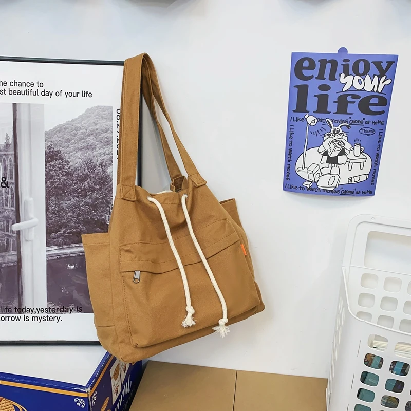 Canvas Shoulder Bags for Women 100% Cotton Big Packages Solid Large Capacity Leisure Or Travel Bags Soft Black Female Totes