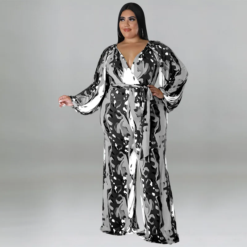 Plus Size Women 5xl Jumpsuit V Nexk Print One Piece Outfit Sexy Fashion Wide Leg Pant Lady Club Fall Belt Wholesale Clothes