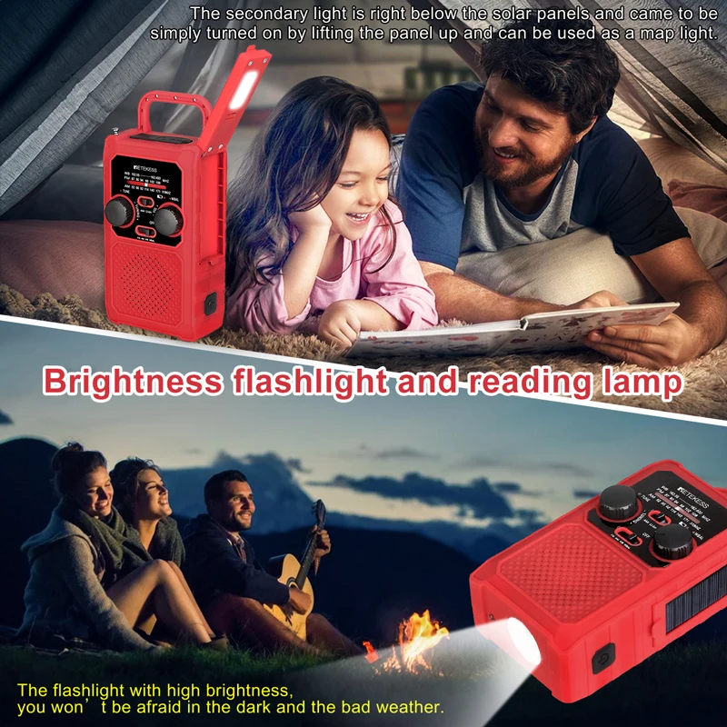 Portable solar radio, power output for mobile devices, SOS emergency alarm,camping hand crank and solar panel charging enlarge